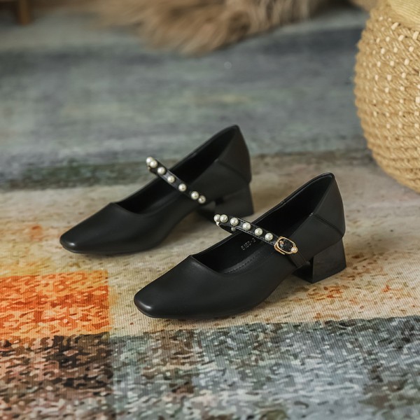  New Pearl Single Shoes Casual Soft Shallow Mouth Granny Shoes Women Thick Heels Two Wear Square Head Single Shoes Women 5155-2